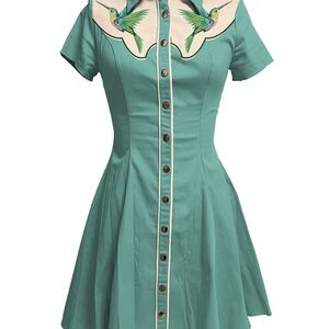 Boozelele Retro Western lightweight cotton button up shirt dress w/hummingbirds
